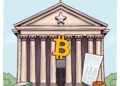 A US bank building with a Bitcoin symbol and regulatory capital documents