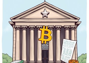 A US bank building with a Bitcoin symbol and regulatory capital documents