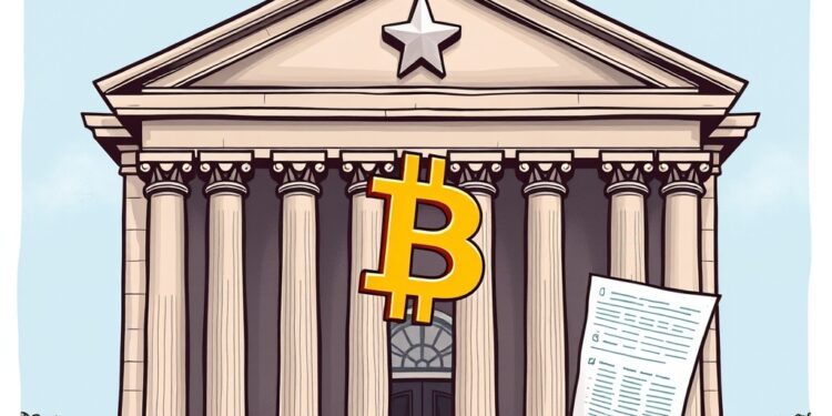 A US bank building with a Bitcoin symbol and regulatory capital documents