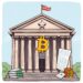 A US bank building with a Bitcoin symbol and regulatory capital documents
