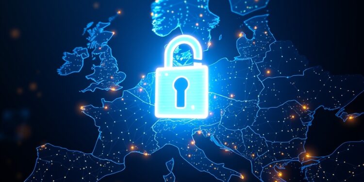 Digital map of Europe with blockchain nodes and a padlock symbolizing crypto regulatory compliance