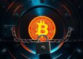 Bank vault door with a Bitcoin symbol locked behind a chain