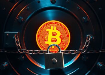 Bank vault door with a Bitcoin symbol locked behind a chain