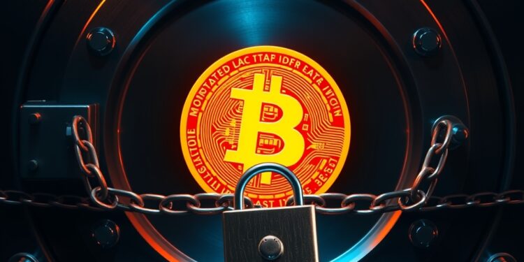 Bank vault door with a Bitcoin symbol locked behind a chain