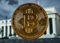 Bitcoin coin with oil barrel and Federal Reserve building backdrop