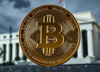 Bitcoin coin with oil barrel and Federal Reserve building backdrop