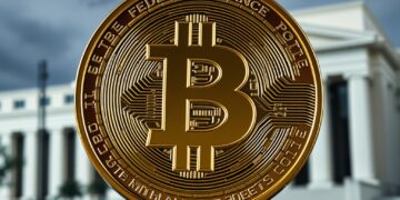 Bitcoin coin with oil barrel and Federal Reserve building backdrop
