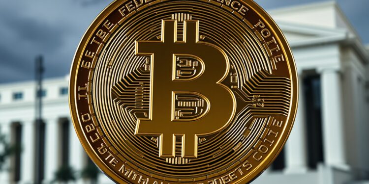 Bitcoin coin with oil barrel and Federal Reserve building backdrop