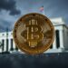 Bitcoin coin with oil barrel and Federal Reserve building backdrop