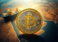Bitcoin coin set against a Strait of Hormuz map and oil tanker, representing geopolitical risk easing