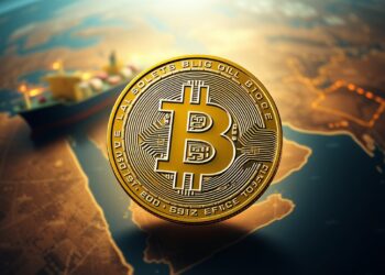 Bitcoin coin set against a Strait of Hormuz map and oil tanker, representing geopolitical risk easing