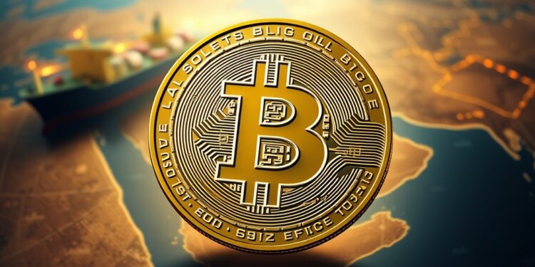 Bitcoin coin set against a Strait of Hormuz map and oil tanker, representing geopolitical risk easing