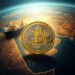 Bitcoin coin set against a Strait of Hormuz map and oil tanker, representing geopolitical risk easing
