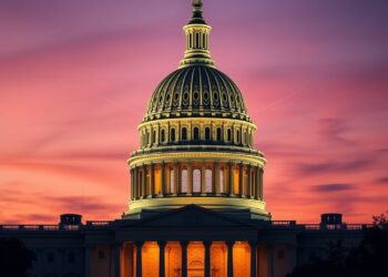 US Capitol building at dusk overlaid with blockchain network nodes representing crypto political spending