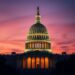 US Capitol building at dusk overlaid with blockchain network nodes representing crypto political spending