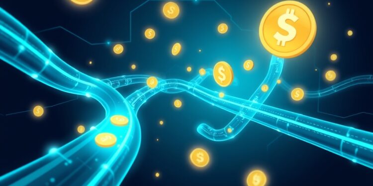 Stablecoin tokens flowing through glowing digital pipes