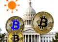 Bitcoin and Ethereum coins over the Illinois flag and a capitol building