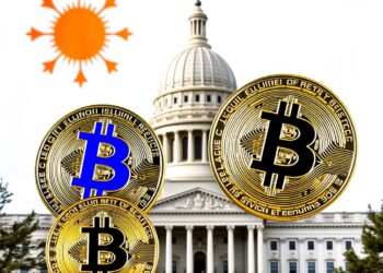 Bitcoin and Ethereum coins over the Illinois flag and a capitol building