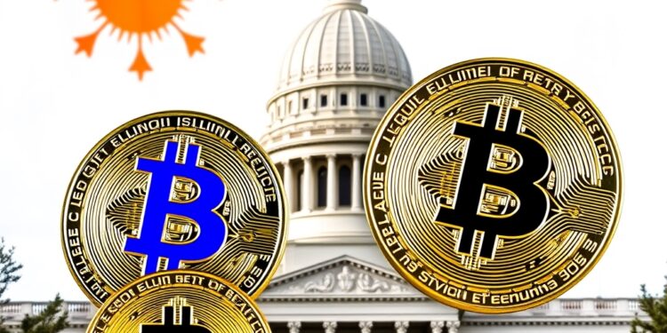 Bitcoin and Ethereum coins over the Illinois flag and a capitol building
