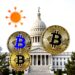 Bitcoin and Ethereum coins over the Illinois flag and a capitol building