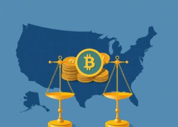 Digital coins over a US state map with legal scales, illustrating Illinois crypto tax regulation