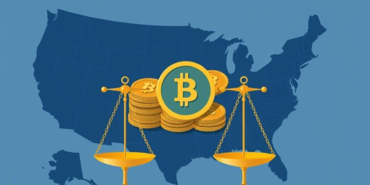 Digital coins over a US state map with legal scales, illustrating Illinois crypto tax regulation