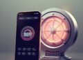 A neobank mobile app interface merging with a glowing DeFi yield vault