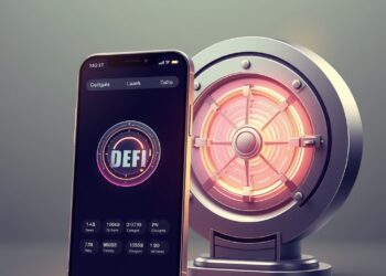A neobank mobile app interface merging with a glowing DeFi yield vault