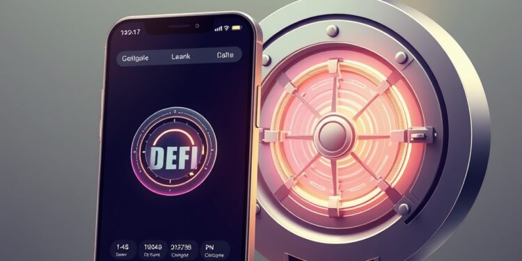 A neobank mobile app interface merging with a glowing DeFi yield vault