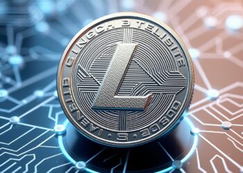 Litecoin coin with blockchain network security shield theme