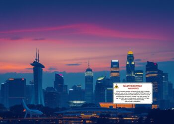 Singapore financial district with crypto exchange regulatory warning theme