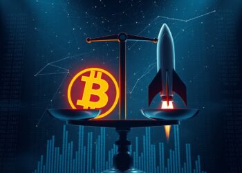 Digital scale weighing a Bitcoin symbol against a rocket silhouette representing SpaceX wealth versus Bitcoin market cap