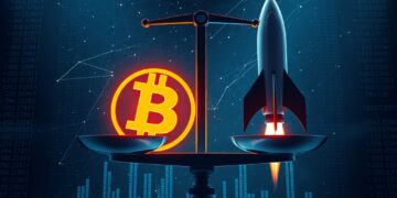 Digital scale weighing a Bitcoin symbol against a rocket silhouette representing SpaceX wealth versus Bitcoin market cap