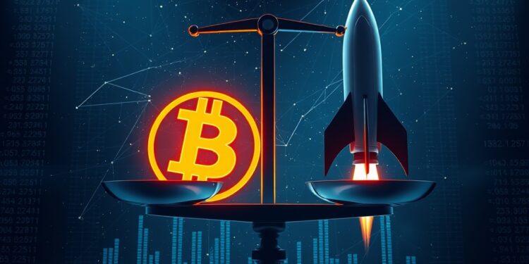 Digital scale weighing a Bitcoin symbol against a rocket silhouette representing SpaceX wealth versus Bitcoin market cap