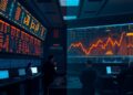 Trading floor split between traditional financial screens and a blockchain settlement panel