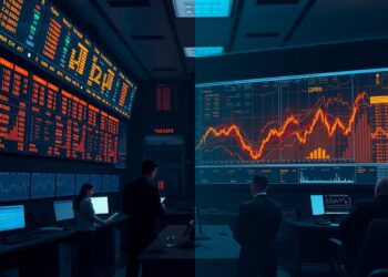 Trading floor split between traditional financial screens and a blockchain settlement panel