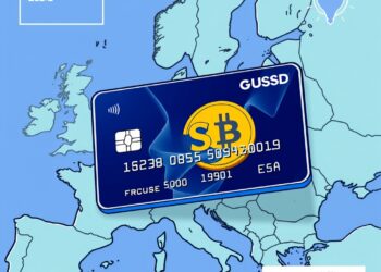 Crypto debit card linked to USDC stablecoin over a map of Europe