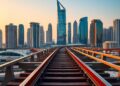 Crypto payment rails over a Dubai skyline with stablecoin coins