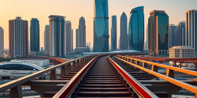 Crypto payment rails over a Dubai skyline with stablecoin coins