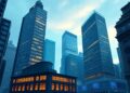 Institutional finance and blockchain tokenization concept with Wall Street and digital ledger