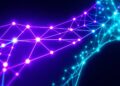 Glowing blockchain nodes bridging two networks representing Aave expanding onto Solana