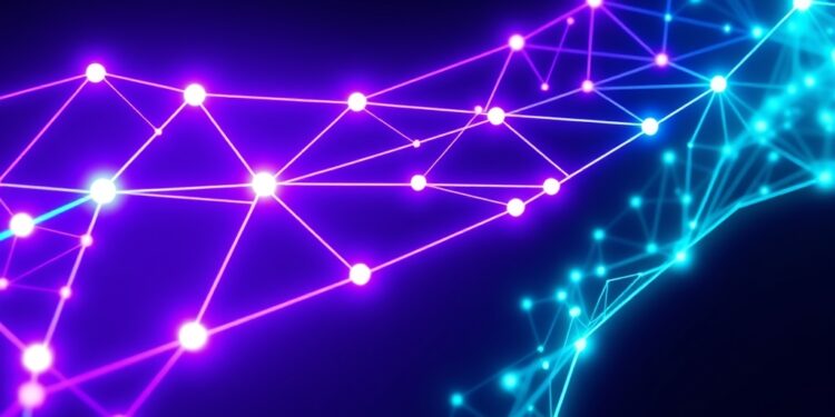 Glowing blockchain nodes bridging two networks representing Aave expanding onto Solana