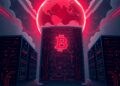 AI data center debt bubble looming over global finance with bitcoin symbol