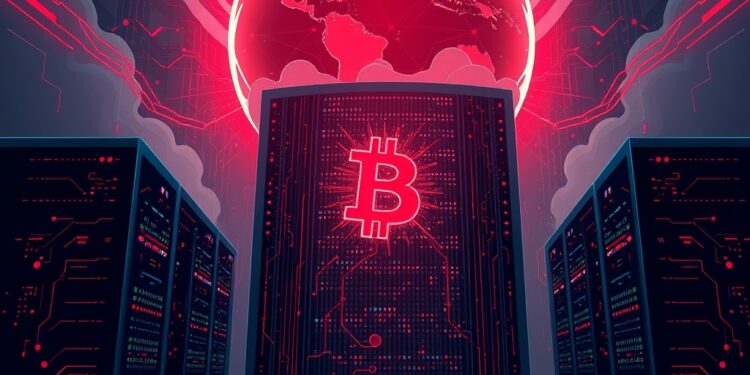 AI data center debt bubble looming over global finance with bitcoin symbol