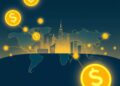 Digital dollar stablecoin tokens flowing across a world map toward emerging markets