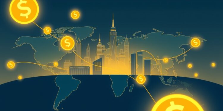 Digital dollar stablecoin tokens flowing across a world map toward emerging markets