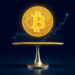 Bitcoin coin on a scale between a quiet spot chart and an active derivatives chart