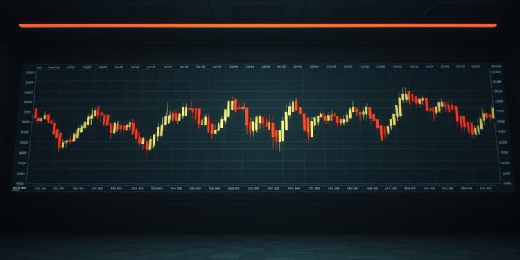 Dim trading floor with faint candlestick charts symbolizing falling crypto exchange volume