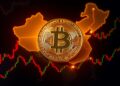 Bitcoin coin over map of China with yuan liquidity flowing into global markets