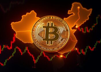 Bitcoin coin over map of China with yuan liquidity flowing into global markets